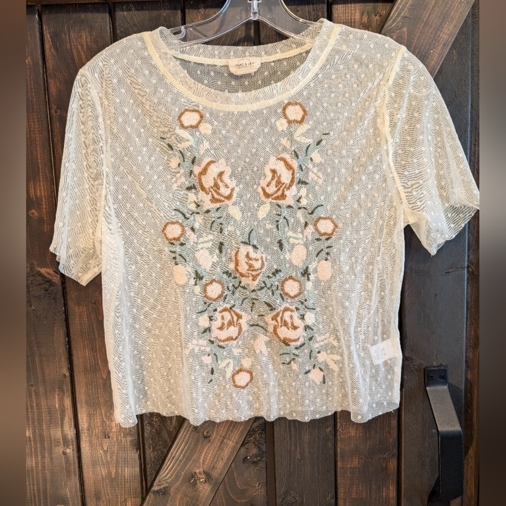 Parc & Lex  Cropped mesh embroidered top. Size M